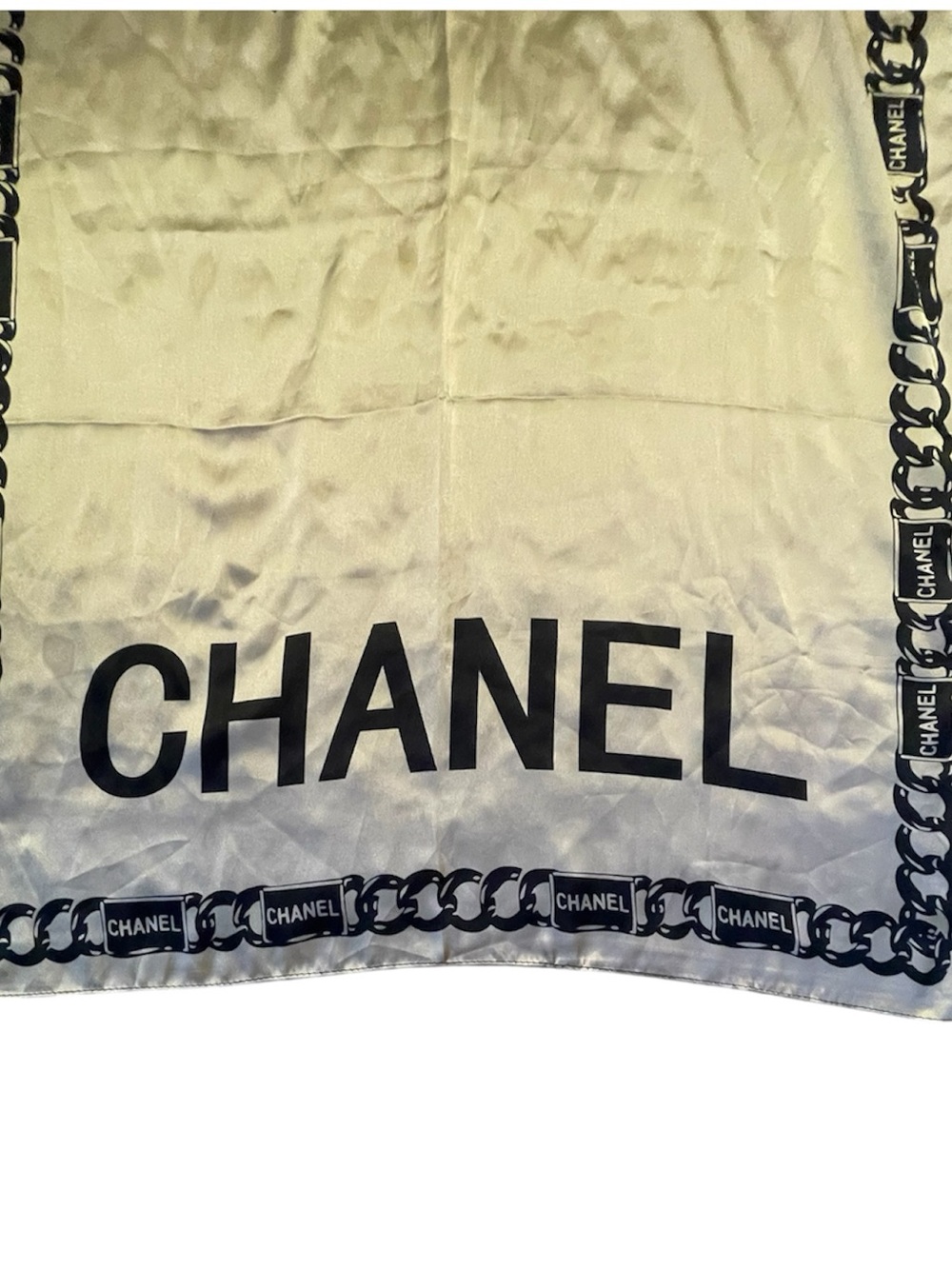 New Authentic CHANEL 100% Silk Scarf Black And Gold Logo With Tag Rare - Picture 4 of 7